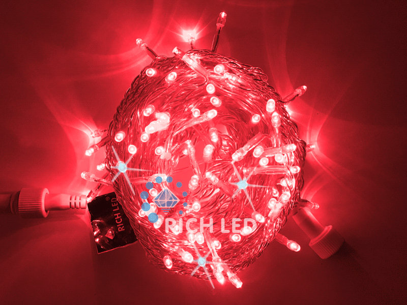 Светодиодная гирлянда Rich LED 10 м, 100 LED, 24 В, соединяемая, красная, мерцающая, прозрачный провод RICH LED