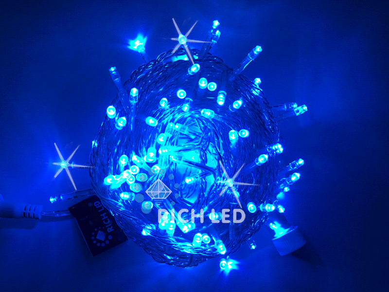Светодиодная гирлянда Rich LED 10 м, 100 LED, 24 В, соединяемая, синяя, мерцающая, прозрачный провод RICH LED