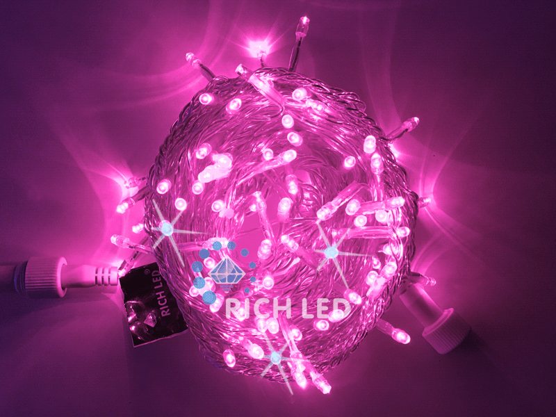 Светодиодная гирлянда Rich LED 10 м, 100 LED, 24 В, соединяемая, розовая, мерцающая, прозрачный провод RICH LED
