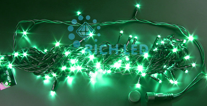 Светодиодная гирлянда Rich LED 10 м, 100 LED, 24 В, соединяемая, зеленая, черный провод, RICH LED