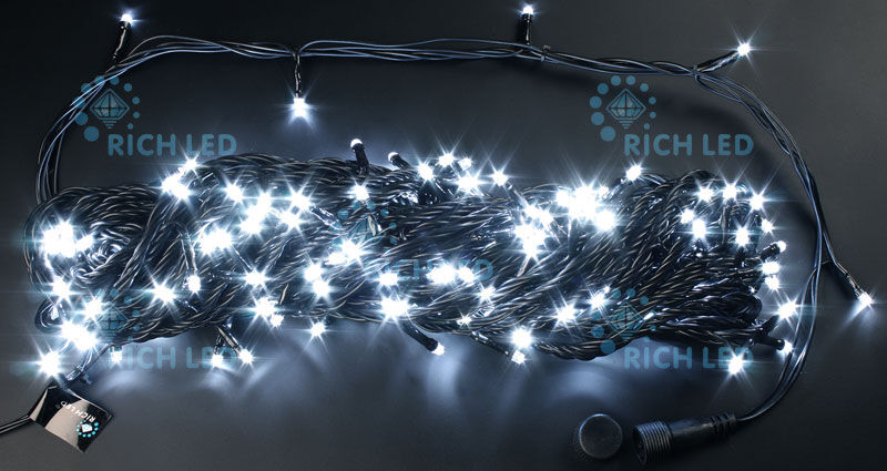 Светодиодная гирлянда Rich LED 20 м 2-канальная, 200 LED, 220 В, белая, черный провод, соединяемая, RICH LED