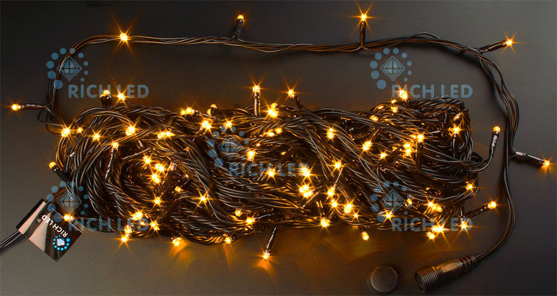 Светодиодная гирлянда Rich LED 20 м 2-канальная, 200 LED, 220 В, желтая, черный провод, соединяемая, RICH LED