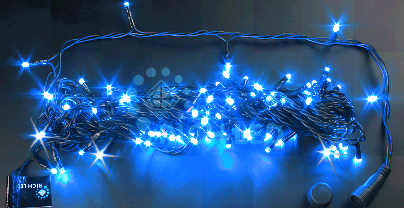 Светодиодная гирлянда Rich LED 10 м, 100 LED, 24 В, соединяемая, синяя, мерцающая, черный провод, RICH LED