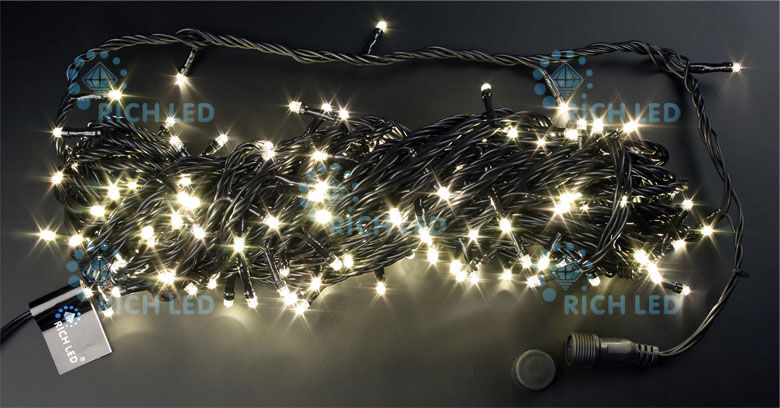 Светодиодная гирлянда Rich LED 20 м 2-канальная, 200 LED, 220 В, теплая белая, черный провод, соединяемая, RICH LED