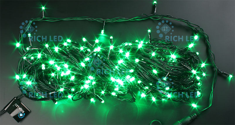 Светодиодная гирлянда Rich LED 20 м 2-канальная, 200 LED, 220 В, зеленая, черный провод, соединяемая, RICH LED
