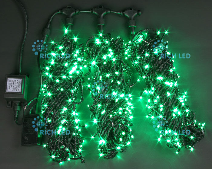 Светодиодная гирлянда Rich LED 3 Нити по 20 м с 2-х канальным контр., 600 LED, 24 В, зеленая, черный провод, RICH LED