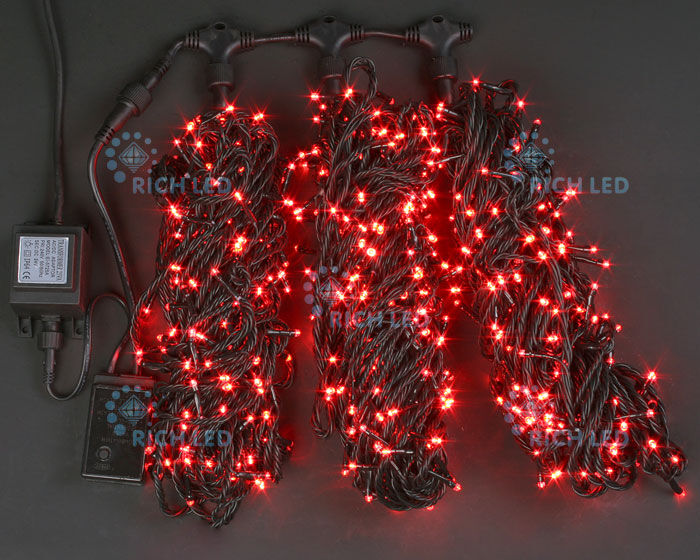 Светодиодная гирлянда Rich LED 3 Нити по 20 м с 2-х канальным контр., 600 LED, 24 В, красная, черный провод, RICH LED