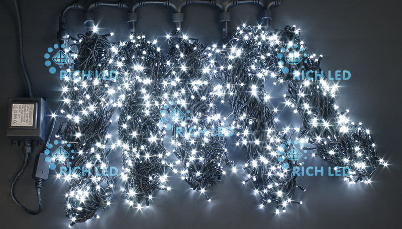 Светодиодная гирлянда Rich LED 5 Нитей по 20 м, 1000 LED, 24 В, белая, черный провод, RICH LED