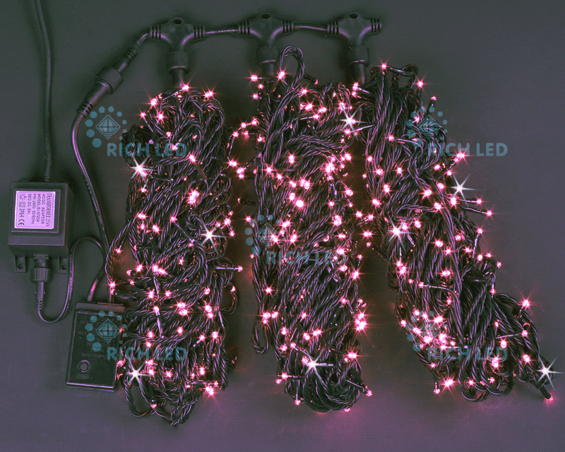 Светодиодная гирлянда Rich LED 3 Нити по 20 м, 600 LED, 24 В, розовая, мерцающая, черный провод, RICH LED