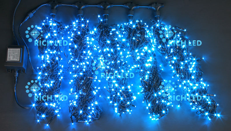 Светодиодная гирлянда Rich LED 5 Нитей по 20 м, 1000 LED, 24 В, синяя, черный провод, RICH LED