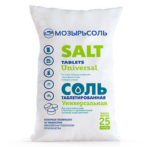 Соль таблетированная NaCI, (1 упак=25 кг) с НДС 10% (МОЗЫРЬСОЛЬ)