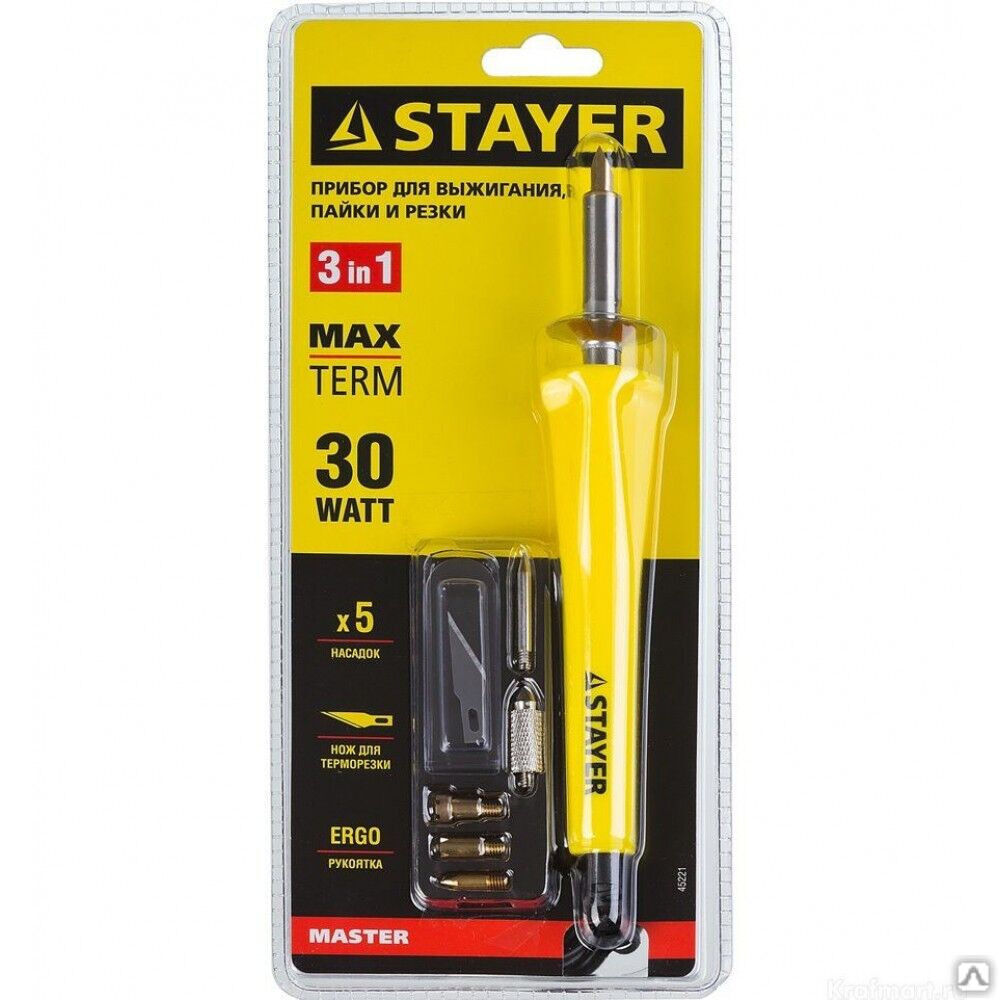 Прибор для выжигания пайки и резки с поставкой Stayer 220В 30Вт 5 насадок нож для терморезки (45221)