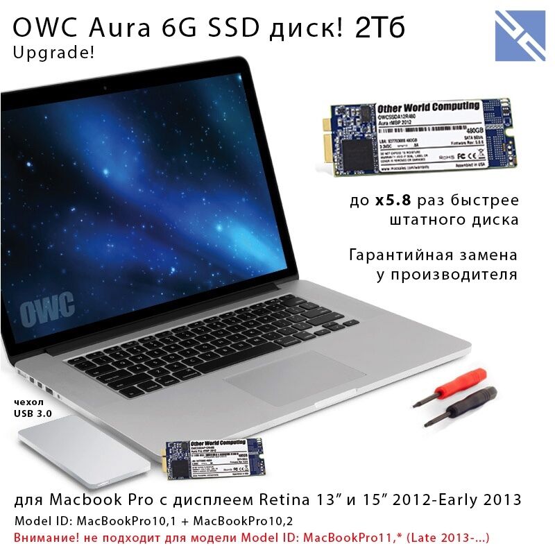 Комплект SSD и чехол OWC для Macbook Pro Retina 2012-2013 2TB Aura PRO 6G SSD + Envoy бокс для штатного Flash накопителя